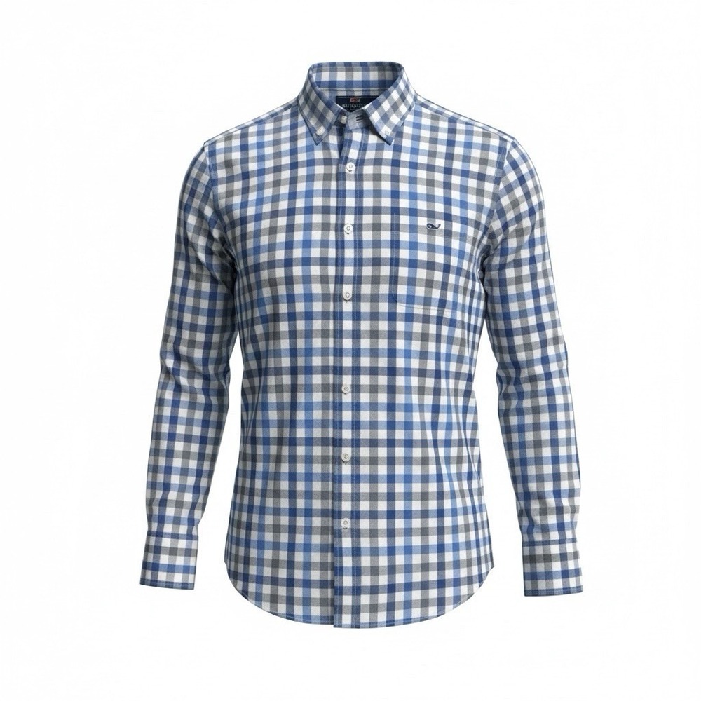 Vineyard Vines Slim Fit Tucker Shirt Large Blue White Grey Plaid Button Up Shirt